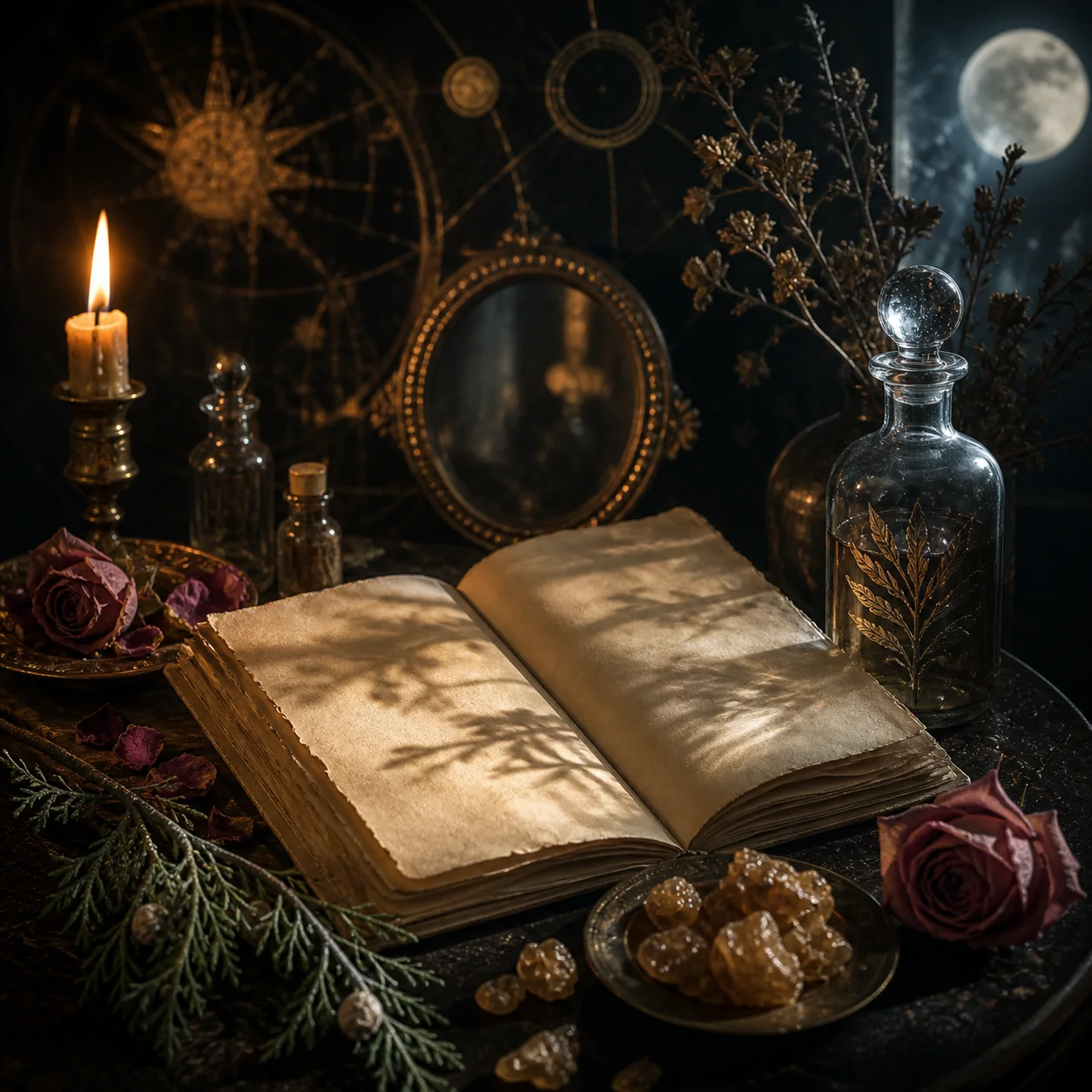 Символический натюрморт с книгой, свечой, растениями и флаконом